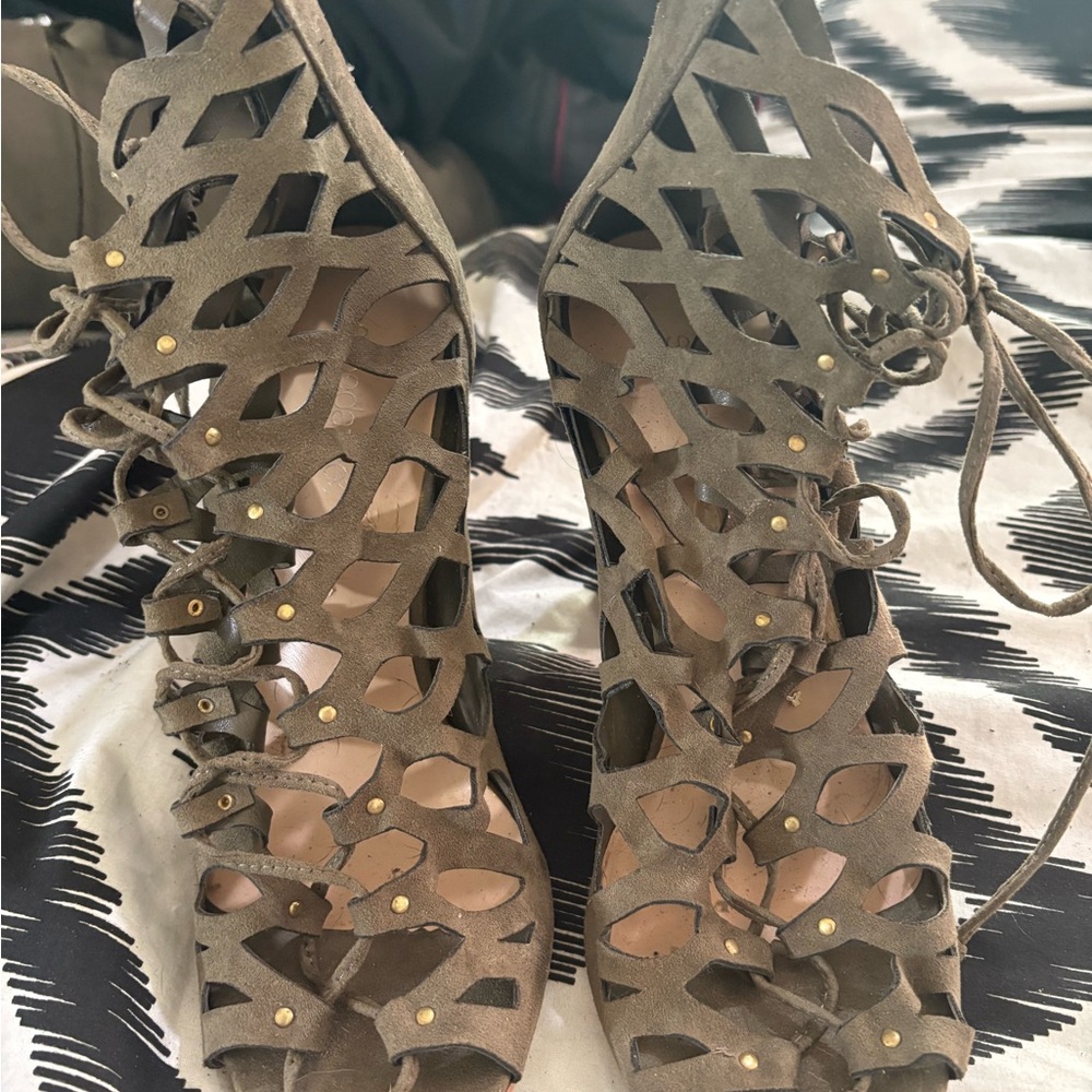 Brown Cutout Lace-Up Heels